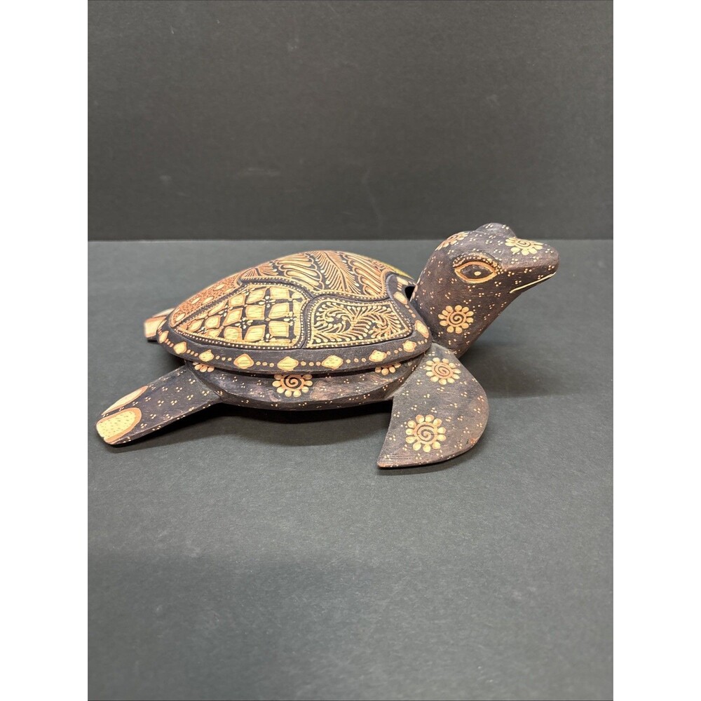 Hand-Painted Wood Sea Turtle Figurines with Floral Designs - Picture 3 of 8